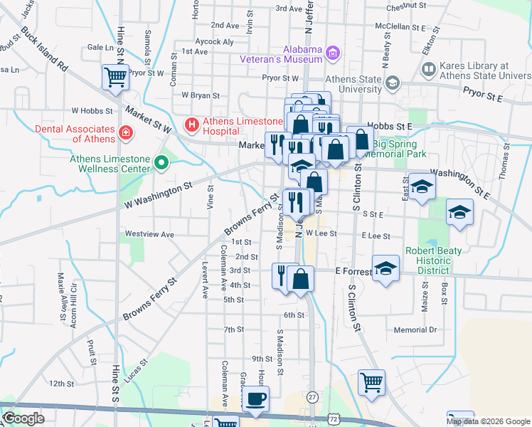 map of restaurants, bars, coffee shops, grocery stores, and more near 403 South Houston Street in Athens
