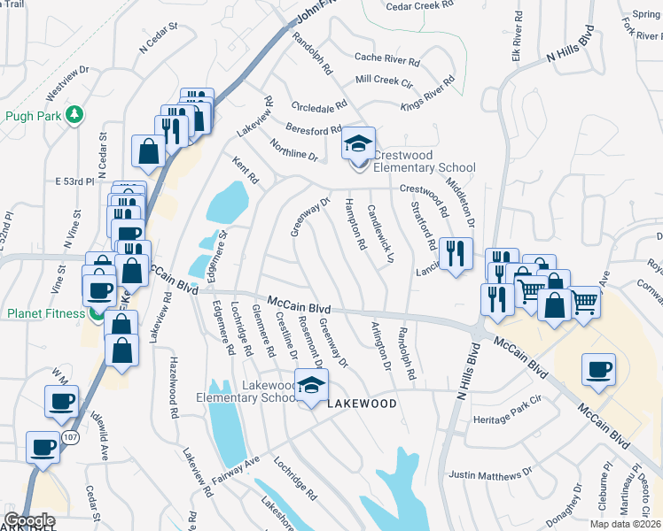 map of restaurants, bars, coffee shops, grocery stores, and more near 4916 Oaklawn Drive in North Little Rock