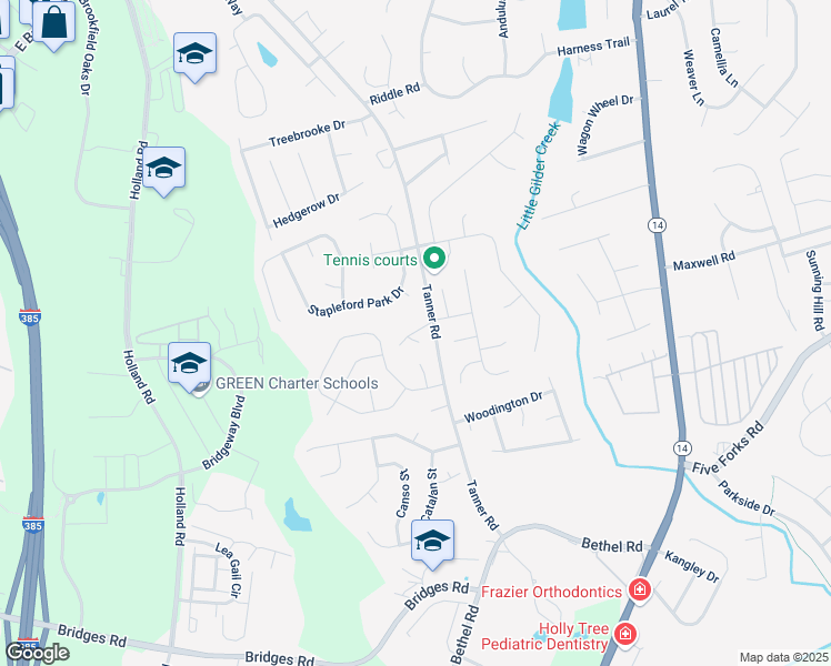 map of restaurants, bars, coffee shops, grocery stores, and more near 848 Tanner Road in Greenville