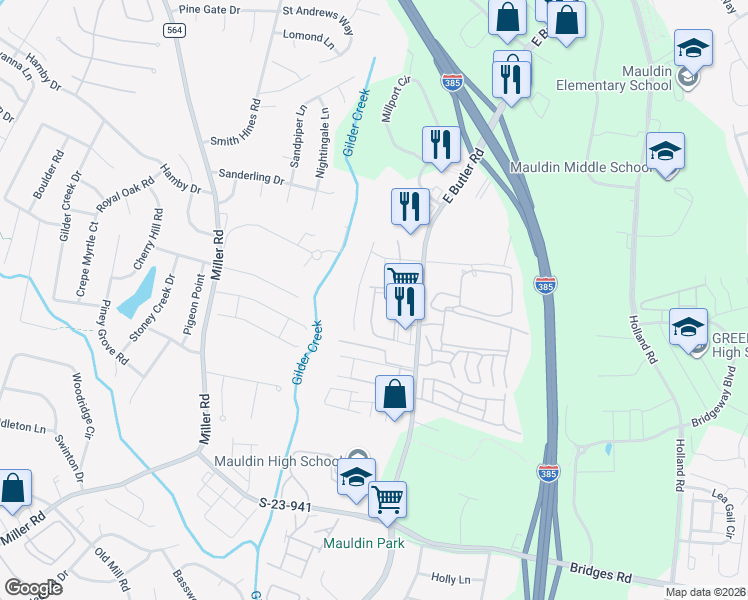 map of restaurants, bars, coffee shops, grocery stores, and more near 60 Centimeters Drive in Mauldin