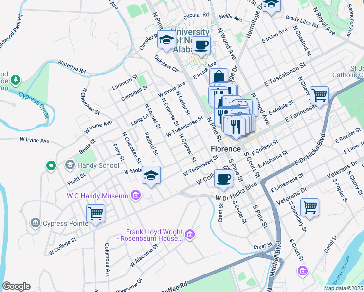 map of restaurants, bars, coffee shops, grocery stores, and more near 405 West Tombigbee Street in Florence