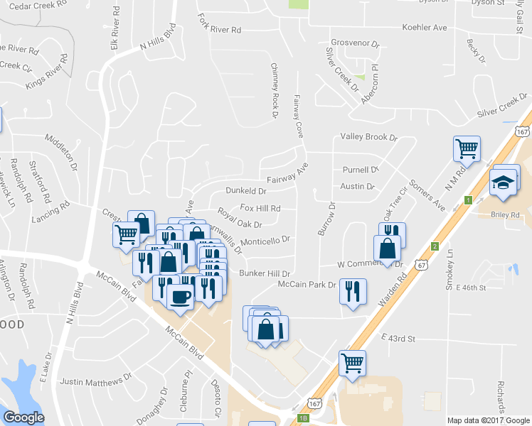 map of restaurants, bars, coffee shops, grocery stores, and more near 4100 Fox Hill Road in North Little Rock