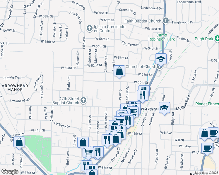 map of restaurants, bars, coffee shops, grocery stores, and more near 4901 North Allen in North Little Rock