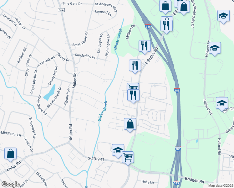 map of restaurants, bars, coffee shops, grocery stores, and more near 448 Woodbark Court in Mauldin