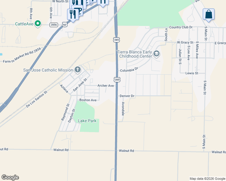 map of restaurants, bars, coffee shops, grocery stores, and more near 3569 U.S. 385 in Hereford