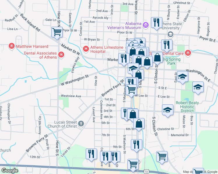 map of restaurants, bars, coffee shops, grocery stores, and more near 514 Browns Ferry Street in Athens