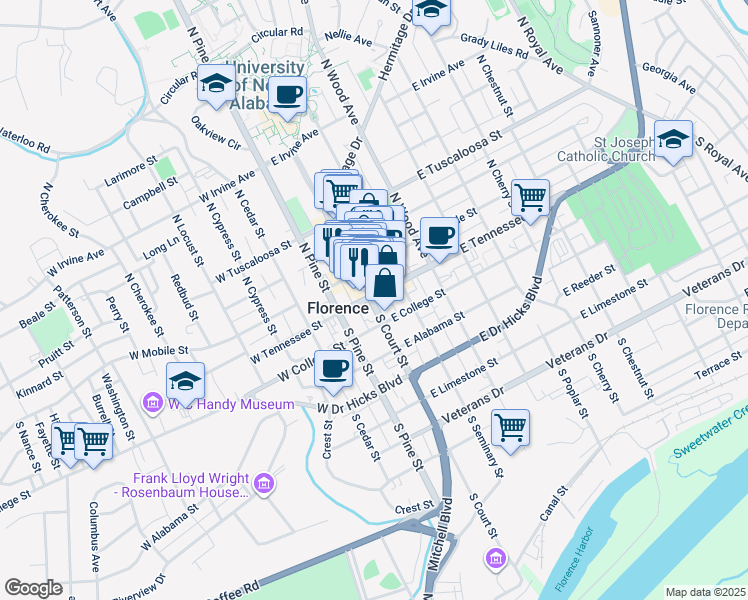 map of restaurants, bars, coffee shops, grocery stores, and more near 111 South Court Street in Florence