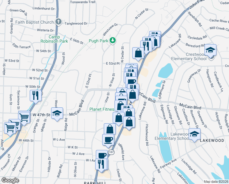 map of restaurants, bars, coffee shops, grocery stores, and more near 4815 North Cedar Street in North Little Rock