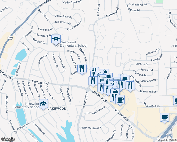 map of restaurants, bars, coffee shops, grocery stores, and more near 4845 North Hills Boulevard in North Little Rock