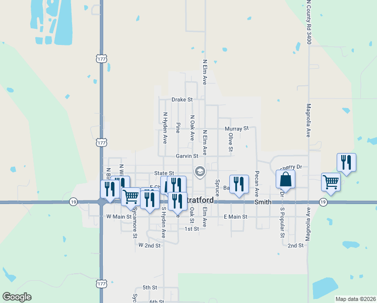 map of restaurants, bars, coffee shops, grocery stores, and more near 508 North Oak Avenue in Stratford