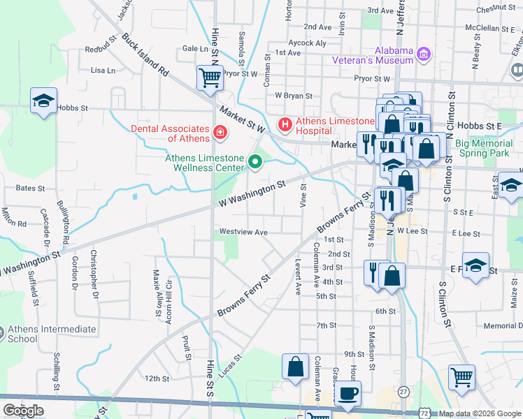 map of restaurants, bars, coffee shops, grocery stores, and more near 808 Westmoreland Avenue in Athens
