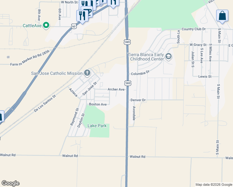 map of restaurants, bars, coffee shops, grocery stores, and more near 3569 U.S. 385 in Hereford