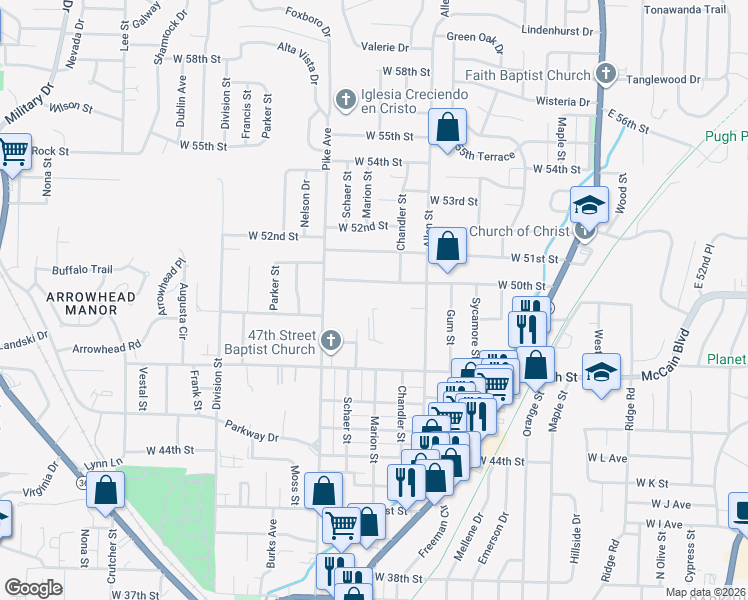 map of restaurants, bars, coffee shops, grocery stores, and more near 4915 Allen Street in North Little Rock