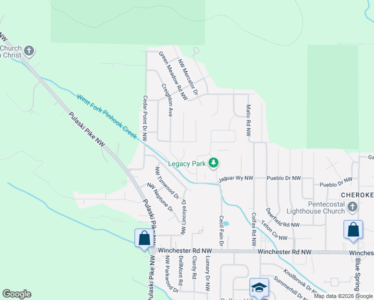 map of restaurants, bars, coffee shops, grocery stores, and more near 6204 Angus Circle Northwest in Huntsville