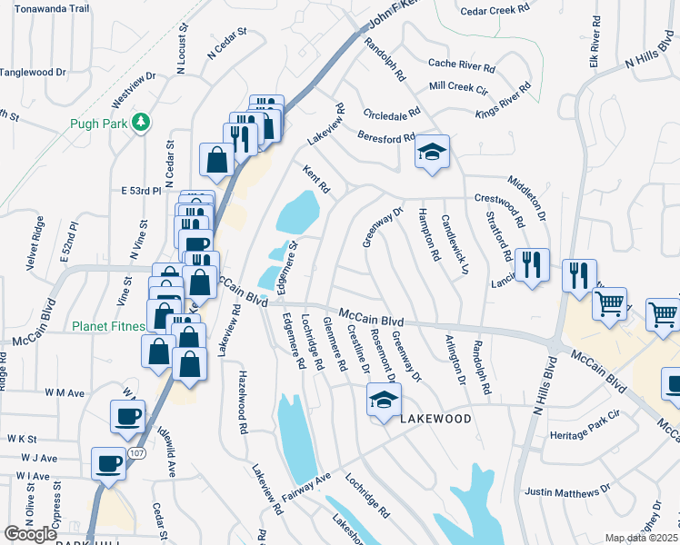 map of restaurants, bars, coffee shops, grocery stores, and more near 1600 Grove Hill Road in North Little Rock