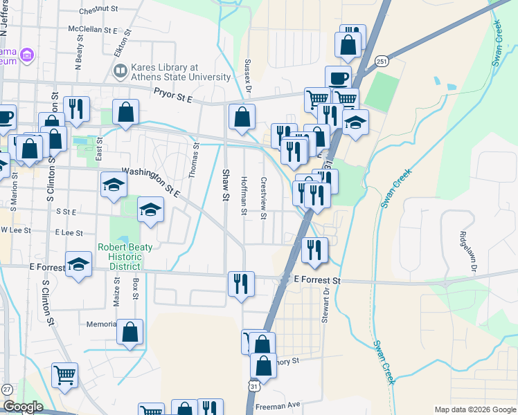 map of restaurants, bars, coffee shops, grocery stores, and more near 401 Hoffman Street in Athens