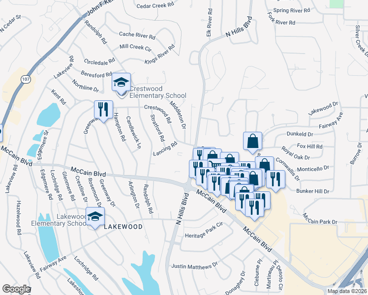 map of restaurants, bars, coffee shops, grocery stores, and more near 4845 North Hills Boulevard in North Little Rock