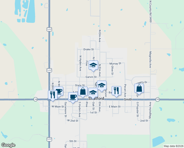 map of restaurants, bars, coffee shops, grocery stores, and more near 508 North Oak Avenue in Stratford