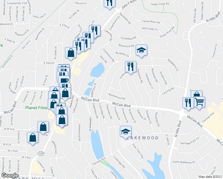 map of restaurants, bars, coffee shops, grocery stores, and more near 1600 Grove Hill Road in North Little Rock