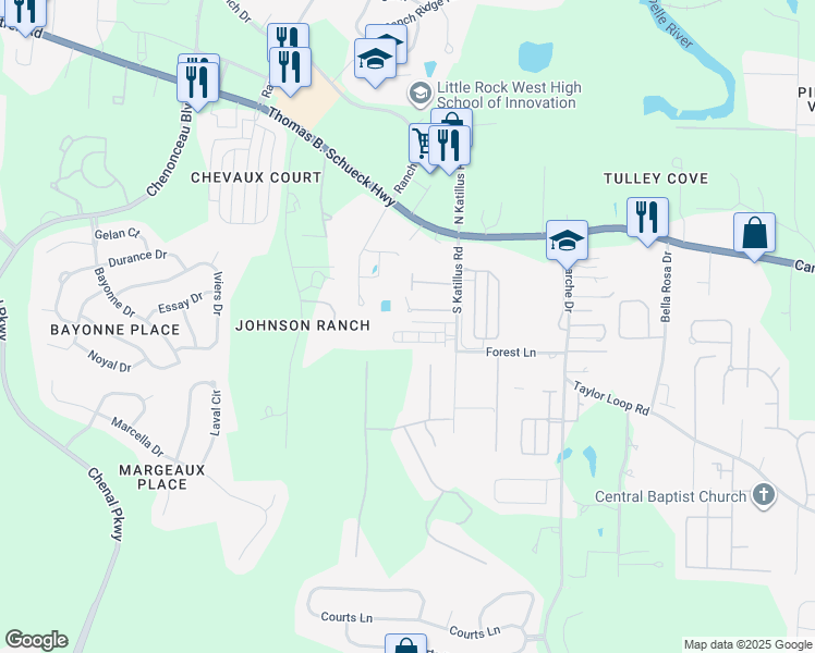 map of restaurants, bars, coffee shops, grocery stores, and more near 27 Valletta Circle in Little Rock