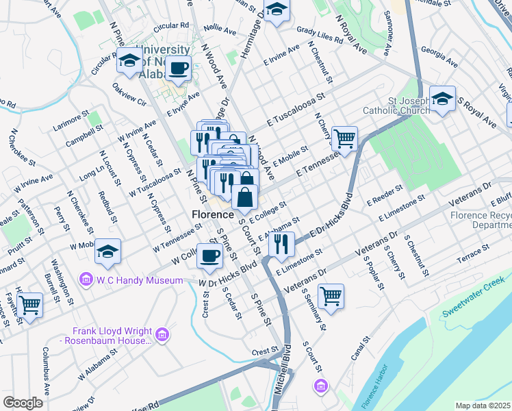 map of restaurants, bars, coffee shops, grocery stores, and more near 110 South Seminary Street in Florence