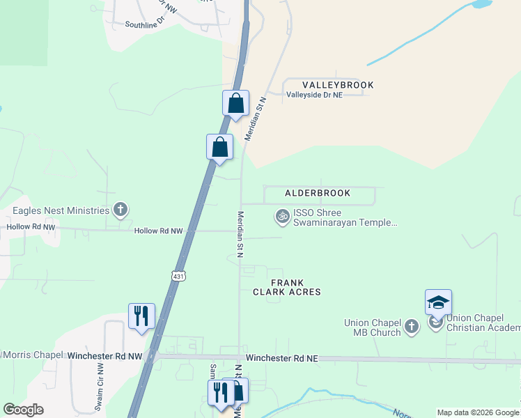 map of restaurants, bars, coffee shops, grocery stores, and more near 110 Whitestone Drive Northeast in Huntsville