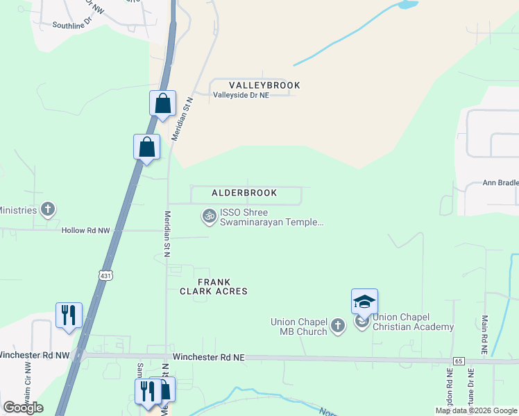 map of restaurants, bars, coffee shops, grocery stores, and more near 206 Whitestone Drive Northeast in Huntsville