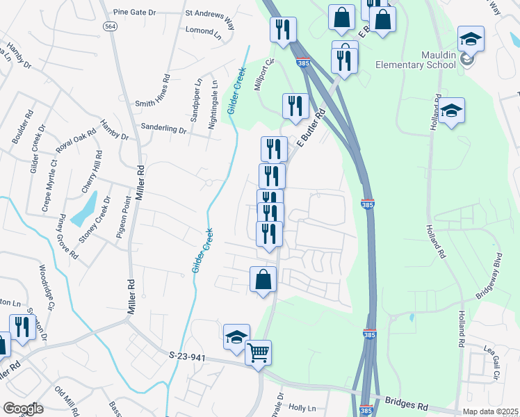 map of restaurants, bars, coffee shops, grocery stores, and more near 60 Centimeters Drive in Mauldin