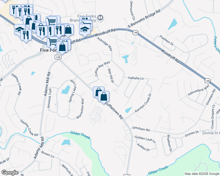map of restaurants, bars, coffee shops, grocery stores, and more near 317 Cotton Bay Way in Simpsonville