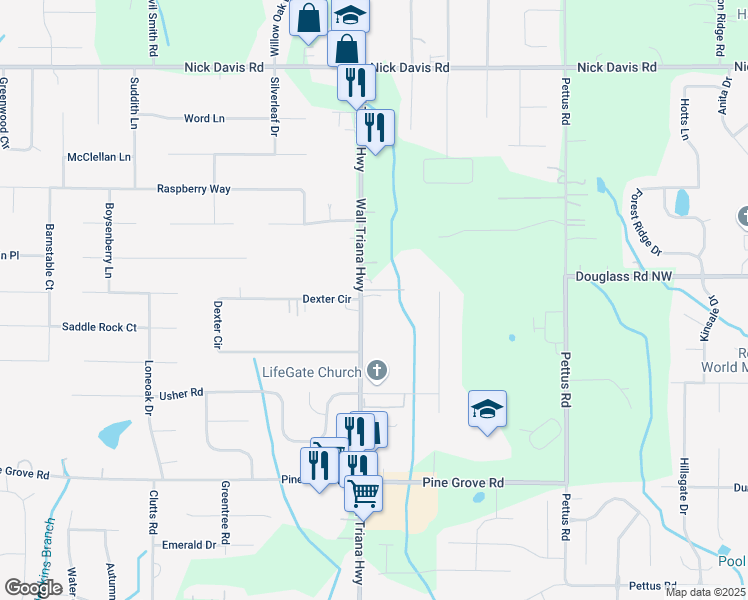 map of restaurants, bars, coffee shops, grocery stores, and more near 7357 Wall Triana Highway in Madison