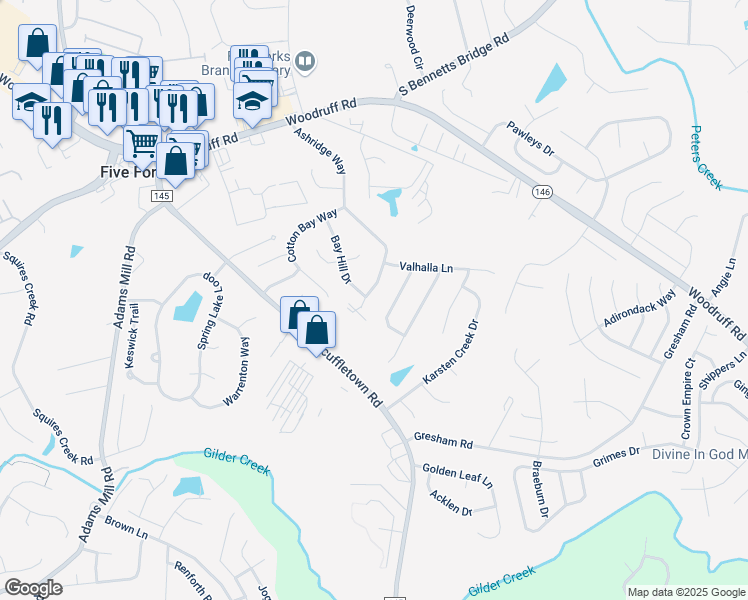 map of restaurants, bars, coffee shops, grocery stores, and more near 313 Ashridge Way in Simpsonville
