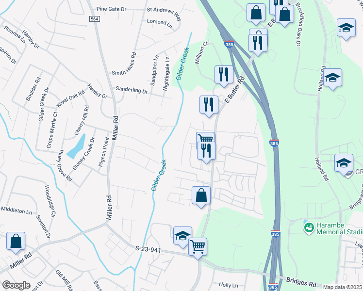 map of restaurants, bars, coffee shops, grocery stores, and more near 450 Woodbark Court in Mauldin