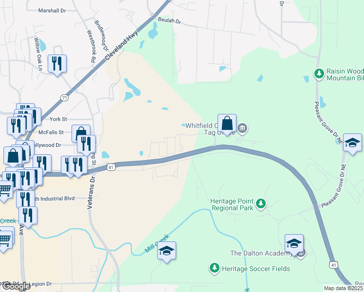 map of restaurants, bars, coffee shops, grocery stores, and more near 1501 Bentgrass Lane in Dalton