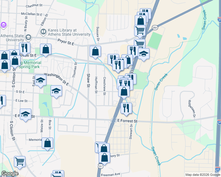 map of restaurants, bars, coffee shops, grocery stores, and more near 320 Spring Street in Athens