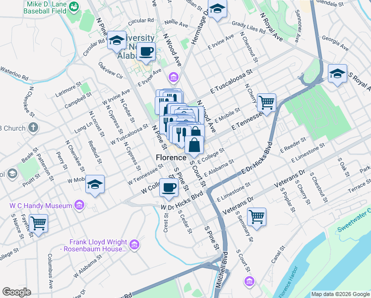 map of restaurants, bars, coffee shops, grocery stores, and more near 701 South Court Street in Florence