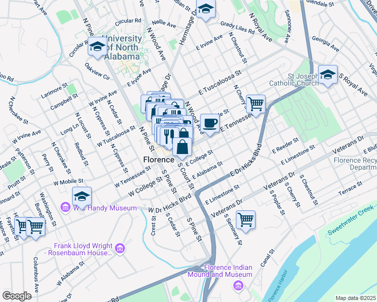 map of restaurants, bars, coffee shops, grocery stores, and more near 111 South Court Street in Florence