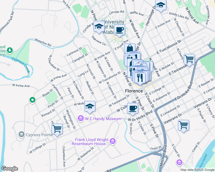 map of restaurants, bars, coffee shops, grocery stores, and more near 405 West Tombigbee Street in Florence