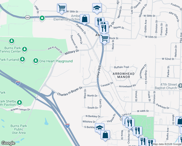 map of restaurants, bars, coffee shops, grocery stores, and more near 410 Sierra Madre Drive in North Little Rock