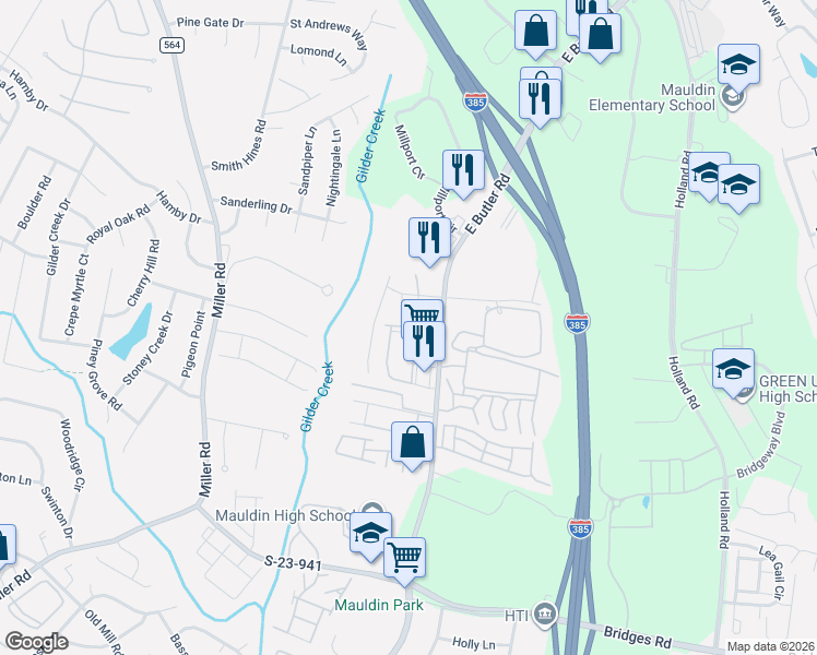 map of restaurants, bars, coffee shops, grocery stores, and more near 60 Centimeters Drive in Mauldin