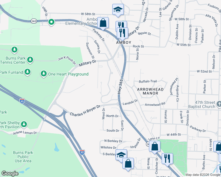 map of restaurants, bars, coffee shops, grocery stores, and more near 410 Sierra Madre Drive in North Little Rock