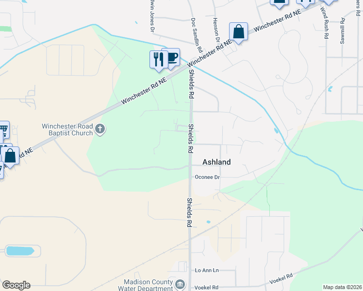 map of restaurants, bars, coffee shops, grocery stores, and more near 535 Shields Road in Huntsville