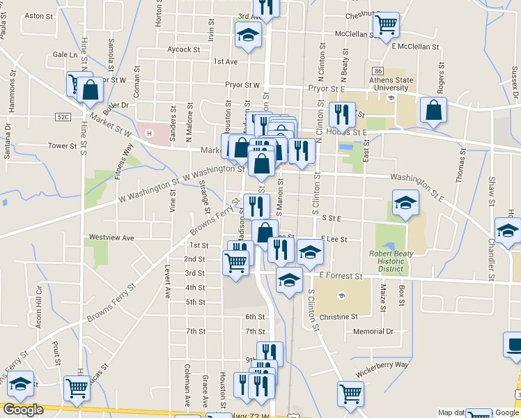 map of restaurants, bars, coffee shops, grocery stores, and more near 412 North Jefferson Street in Athens
