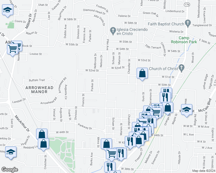 map of restaurants, bars, coffee shops, grocery stores, and more near 4916 Pike Avenue in North Little Rock
