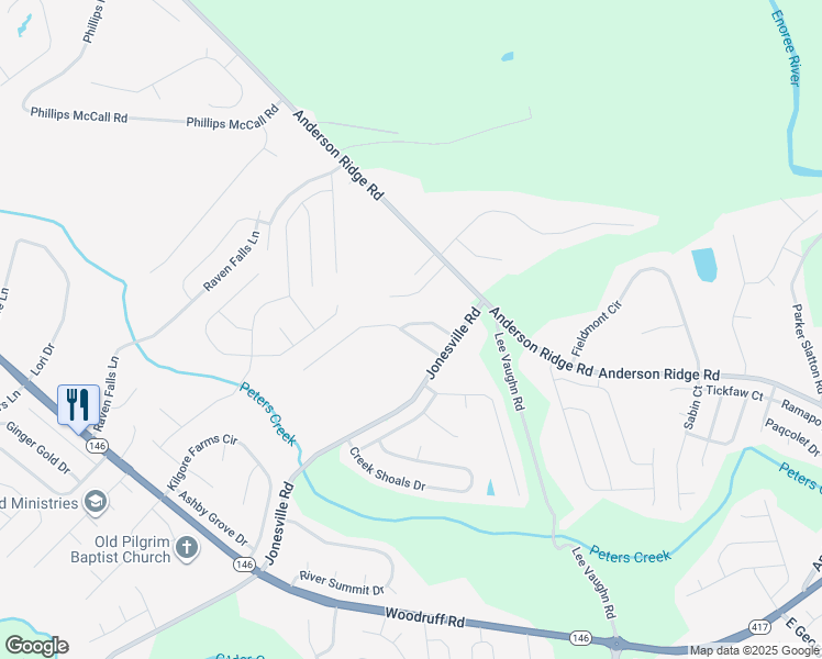 map of restaurants, bars, coffee shops, grocery stores, and more near 14 Jordan Crest Court in Simpsonville