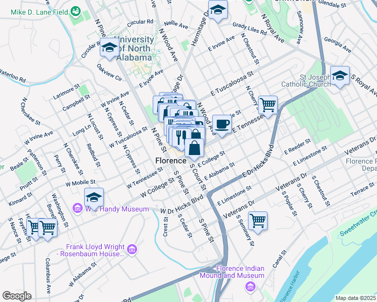 map of restaurants, bars, coffee shops, grocery stores, and more near 701 South Court Street in Florence