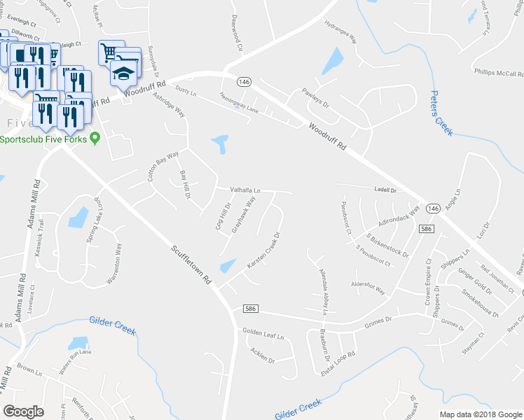 map of restaurants, bars, coffee shops, grocery stores, and more near 104 Innisbrook Lane in Simpsonville