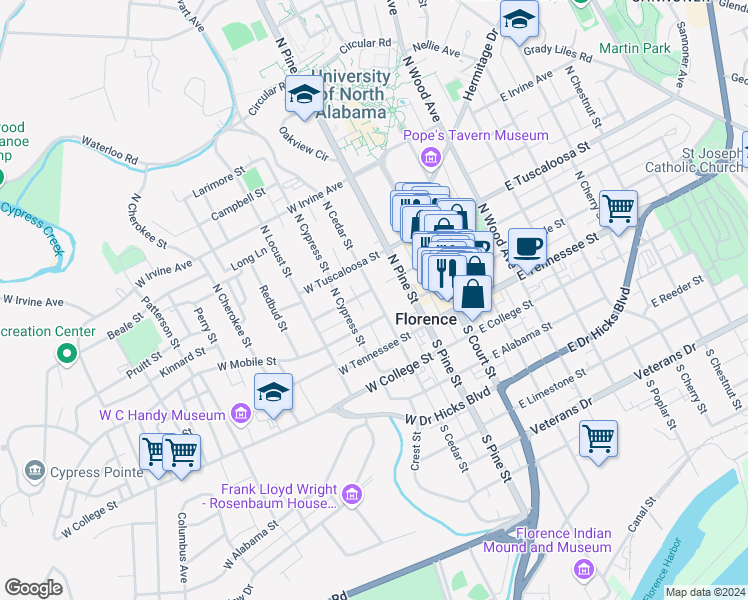 map of restaurants, bars, coffee shops, grocery stores, and more near 201 North Cedar Street in Florence
