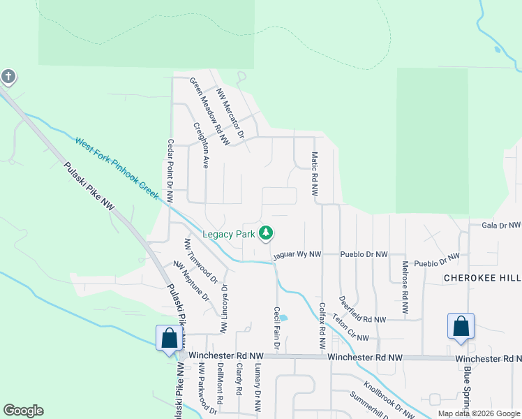 map of restaurants, bars, coffee shops, grocery stores, and more near 6019 Thorntons Way Circle Northwest in Huntsville