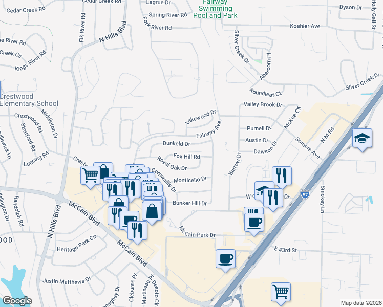 map of restaurants, bars, coffee shops, grocery stores, and more near 4100 Fox Hill Road in North Little Rock
