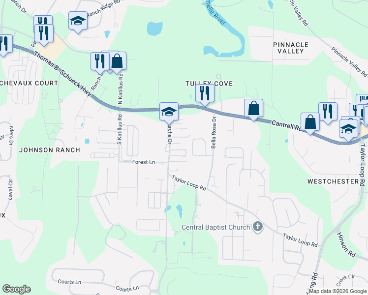 map of restaurants, bars, coffee shops, grocery stores, and more near 16510 Lamarche Drive in Little Rock
